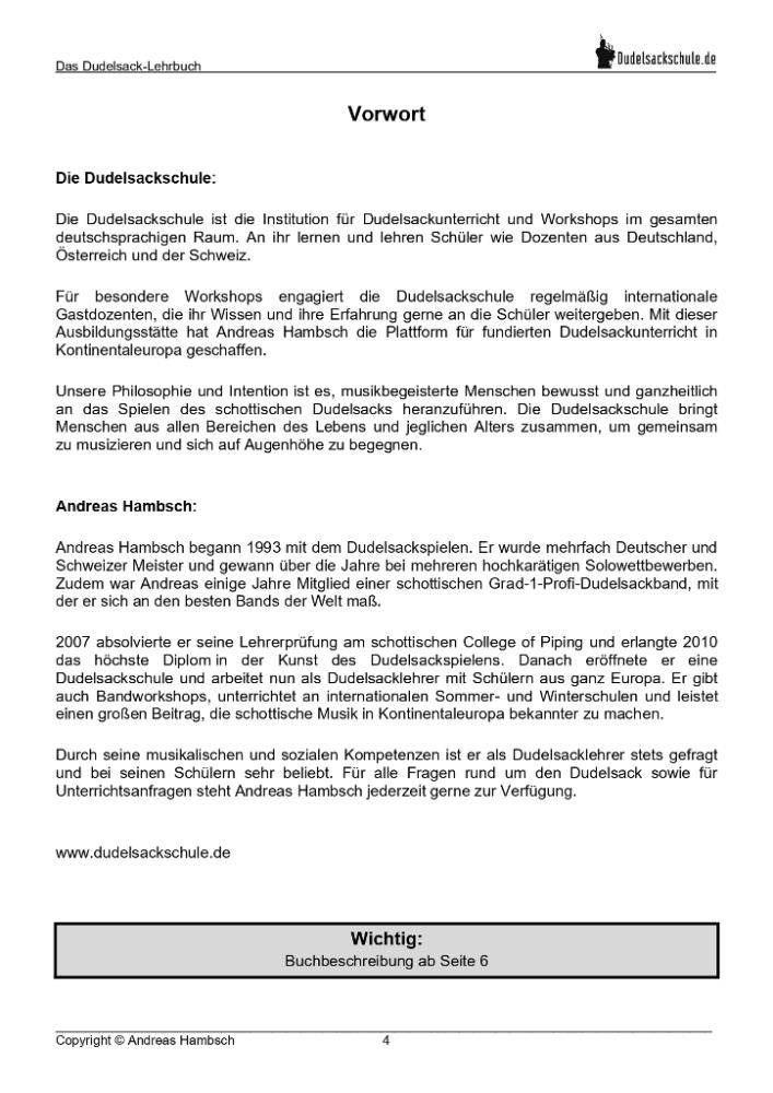 Dudelsack-Lehrbuch der Dudelsackschule Hambsch für Anfänger Deutsch
