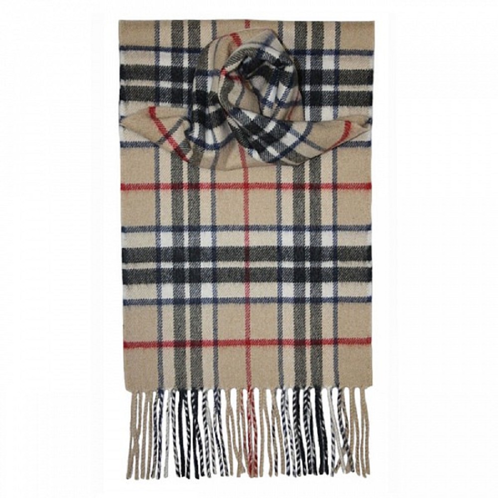 Luxury Cashmere Tartan Scarf, Thomson Camel