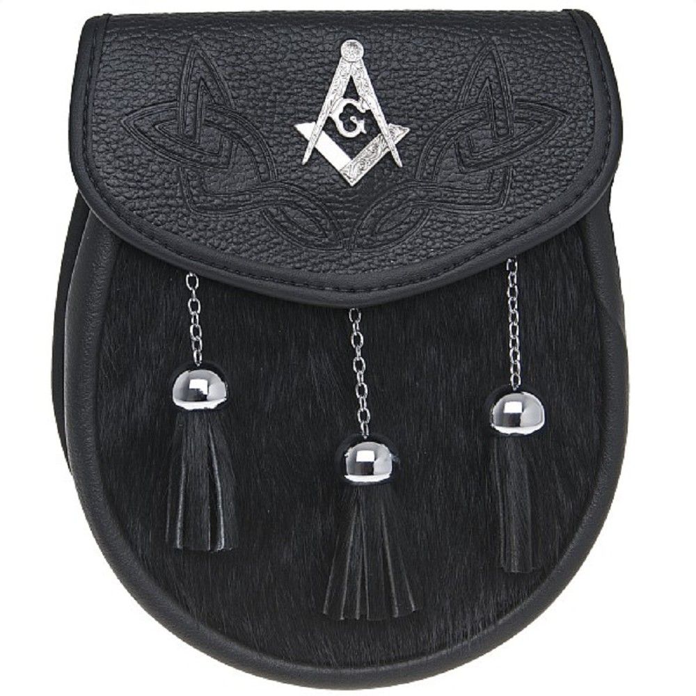 Leder-Fell-Sporran SSD6 Masonic Schwarz. Echtleder, handgefertigt