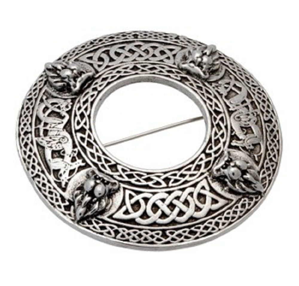 Plaid Brooch with Celtic Lion Heads